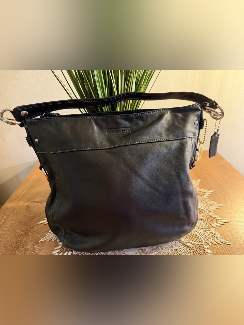 COACH XL Black Buttery Leather Handbag White Topstitching EUC